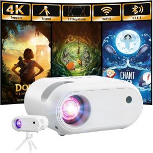MEVRONISSHOP-Mini Vid&eacute;oprojecteur avec Tr&eacute;pied 1080p avec WiFi Bluetooth Projecteur Portable, Compatible avec HDMI, Smartphone, USB, TV Stick, Accueil Ext&eacute;rieur Chambre &agrave; Coucher Projecteur, Blanc - Neuf