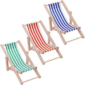 Lot de 3 mini chaises de plage pliables en bois pour maison de poupée, accessoires pour intérieur et extérieur - Neuf