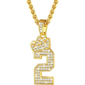 Trahoo-Collier Homme Chiffre 0-9 Avec Couronne Impériale Plaqué Or Pendentif Nombre Orné De Zirconium Avec 55cm Chaîne Spiga Ajustable - Neuf