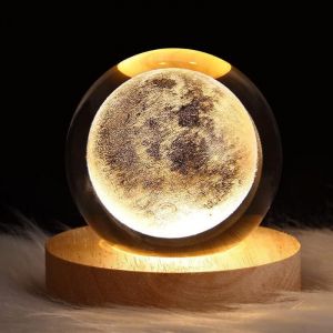 Veilleuse 3d En Forme De Boule De Cristal Pour Enfants, Lampe De Nuit Avec Base En Bois, D&eacute;coration Fantaisie, Boule Crsytale, Lune, Galaxie Plan&egrave;te, Veilleuse, Cadeau, D&eacute;coration De Chambre - Neuf