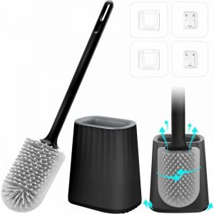 Brosse WC en silicone, brosse WC suspendue avec support à séchage rapide, brosse WC en silicone et supports muraux/sol, brosse WC pour salle de bain, noir - Neuf
