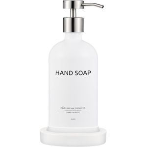 KAL-Bouteilles De Distributeur De Savon, Distributeur Savon Verre, Avec Plateau, Distributeur De Savon, Flacon Pompe Vide Pour Savons, Lotions, Détergents (Blanc + Embout Argent+Hand Soap) - Neuf
