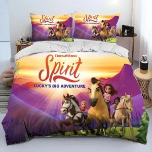 Housse De Couette Spirit Riding Free Horses, Parure De Lit Pour Enfants, Motif Chevaux De Dessin Anime, Taille King/Queen, Decoration De Chambre, Cadeaux - Neuf