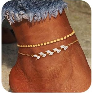 Eryi-2 Pcs Bracelets Chaine De Cheville Pour Femme Argent 925 Multirang 18 Carats Or Chaîne De Cheville En Perles Serpent Cubaine Imperméable Réglable Chaine De Pied Plage D'été Bijoux Pour Enfants - Neuf
