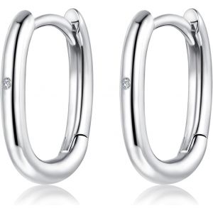 Kal-Petites Créoles En Argent Sterling 925 - Ovales - Hypoallergéniques - Avec Zircone - Pour Le Sommeil - Pour Femme Et Fille - Neuf