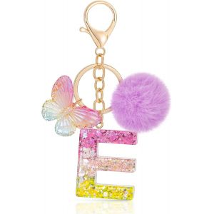 KAL-Initiale Letter Keychains Porte Cl&eacute; Lettre E,Alphabet Initial Keyring Avec Papillon Pompon Pendentif,Pourpre Key Ring Pour Femmes Portefeuilles Sac &Agrave; Main Bagages Charme (E) - Neuf