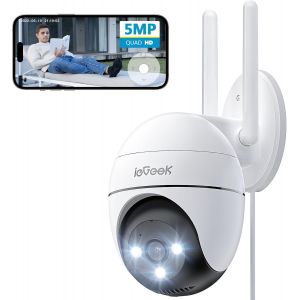 5MP 360&deg; Camera Surveillance WiFi Ext&eacute;rieure, PTZ Cam&eacute;ra IP Exterieur avec 24/7 Enregistrement, Vision Nocturne Couleur, D&eacute;tection Humaine, Audio Bidirectionnel, Sir&egrave;ne et Alarme Lumineuse - Neuf