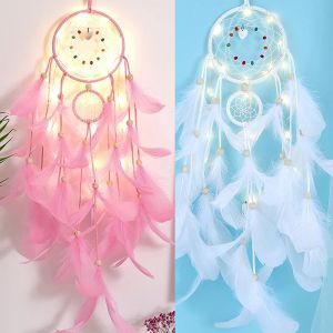 Lot De 2 Attrape-Rêves Lumineux À Led, Décoration Murale Pour Chambre D'enfant, Fête, Pour Filles, Enfants, Amis, Attrape-Rêves Rose + Attrape-Rêves Blanc - Neuf