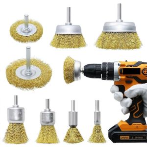 Ensemble de 8 brosses coupelles en laiton,brosses à fil de laiton à gros sertissage en carbone pour nettoyer la rouille et la corrosion - Neuf