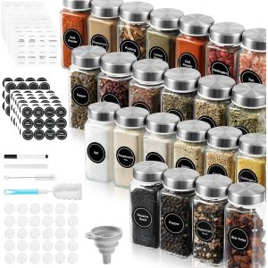 Sjzg-Set De 24 Pots &Agrave; &Eacute;pices Carr&eacute;s,120ml Bocaux &Agrave; &Eacute;pices En Verre-Boite A Epices Cuisine Rangement,Avec &Eacute;tiquettes, Brosser, Entonnoir - Neuf