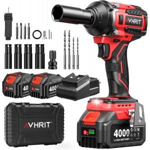 MEVRONISSHOP-Cl&eacute; &agrave; Chocs Sans Fil Brushless avec 2x 4.0 Ah Batteries, 700N.m/Ft-lbs Boulonneuse &agrave; Choc Electrique, 21V Visseuse &agrave; Chocs avec 4 Douilles &agrave; Chocs, Compatible avec Makita 18V - Neuf