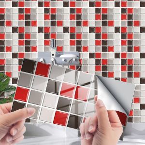 Autocollants décoratifs rectangulaires pour carrelage de salle de bain et de cuisine, motif mosaïque en marbre, adhésif imperméable (mosaïque rouge, 24 pièces) - Neuf