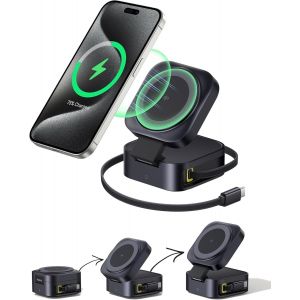 2 in 1 Qi2.0 Certified 15W Magsafe Charging Station for iPhone 16, 15, 14, 13, AirPods, Foldable with 67W Retractable USB C Cable, for MacBook Pro/Air (No Power Supply) - Neuf