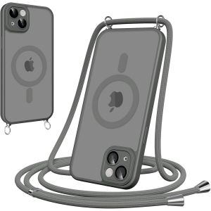Maa-Coque Magnétique Pour Iphone 14 Plus Avec Cordon, [Compatible Avec Magsafe] Etui Translucide Mat Arrière Anti-Jaunissement Antichoc Réglable Portable Lanyard Case Protection, Gray - Neuf