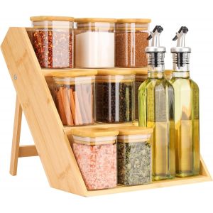 Porte-Épices À 3 Niveaux Avec 8 Pots À Épices En Verre Et 2 Bouteilles Distributrices D'huile - Etagere De Rangement De Pot A Epices En Bois Pour Les Condiments De Cuisine - Neuf