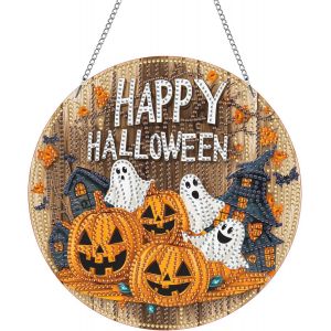 Oayew-Diy Halloween Diamond Painting Pendentif, Fant&ocirc;me Pendant Broderie Diamant Kit Avec Cha&icirc;ne, Pour Jardin Maison Porte Et Fen&ecirc;tre D&eacute;coration Cadeaux 20x20 Cm(Halloween) - Neuf