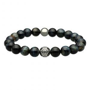 Bracelet Acier Pierres Naturelles Perles Rondes Oeil De Tigre Bleu Et Agate Noir - Neuf