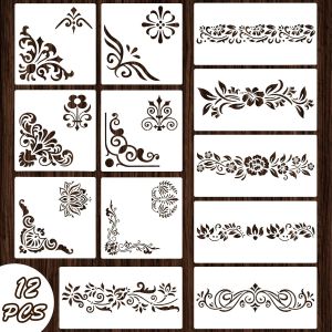 Mevronisshop-12 Pi&egrave;ces Pochoirs D'angle De Fleur, Pochoirs De Bordure De Conception De Totem Tribal De Fleur Pour Peinture Sur Mur Meubles En Bois Panneau De Porcelaine Plancher Cadre Photo Scrapbook - Neuf