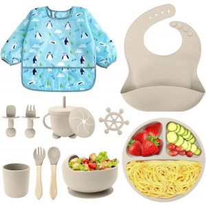 Kal-Assiette Bébé Pour Kit De Sevrage Autonome,Bol Cuillere Bebe,Tasse Bebe,Bavoir Silicone Bebe,Assiette Ventouse Bébé,Enfant Set Couverts Vaisselle Lot De 11 Set Passe Au Lave-Vaisselle (Beige) - Neuf