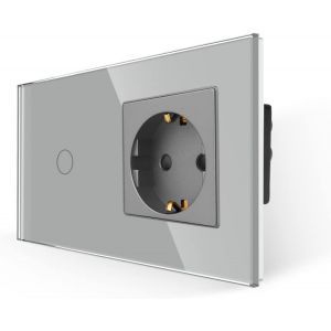 Prise avec interrupteur gris-Interrupteur tactile en verre avec prise encastr&eacute;e-Interrupteur mural &agrave; 1 compartiment-Avec LED d'&eacute;tat-500 W/compartiment - Neuf