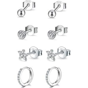 4 Pairs Of Women's 925 Sterling Silver Hoop Earrings Small Earrings Cubic Zirconia Sterling Silver Hypoallergenic Cartilage Stud Earrings Set - Neuf