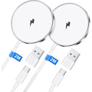 Sjzg-15w Chargeur Induction Iphone 2m, Chargeur Mag-Safe Compatible Iphone 16/15/14/13/12/Airpods 2/3/Pro, Chargeur Sans Fil Rapide Et Magn&eacute;tique Blanc - Neuf