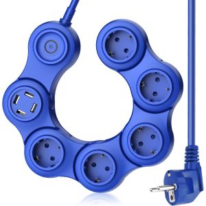 Multiprise flexible &agrave; 360&deg; 9 en 1 avec 4 USB, 5 prises, 3680 W, parasurtenseur et interrupteur 16 A, pour bureau, 1,5 m, bleu - Neuf