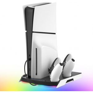 Support PS5 avec Ventilateur de Refroidissement et Double Manette PS5/Edge Chargeur, Support Vertical Multifonction Compatible avec PS5/Pro/Slim, avec Hub USB et &Eacute;clairage RGB - Accessoires PS5 - Neuf