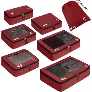 Organisateur Lot De 7 Rangement Val Organisateur De Voyage Packing Cubes Sac Chaussures Ecologique Organ Urs De Bagage Pochette Sac Rangement Val R&eacute;sistant &Agrave; La D&eacute;chirur (Rouge) - Neuf