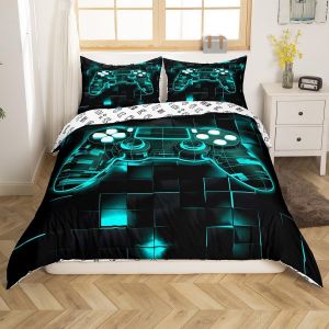 Cheng-Game Housse De Couette Garcon 140x200 Cm Avec 1 Taie D'oreiller, Parure De Lit Ado Gaming Sets De Housses De Couettes Enfant Gamer N&eacute;on Couvre Lit Carr&eacute; G&eacute;om&eacute;trique, Noir Et Sarcelle - Neuf