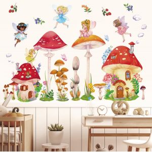 Trahoo-Ds12-8075 Champignons Et Fées Stickers Muraux Enfants Pépinière Stickers Muraux Chambre De Bébé Décor À La Maison Jolies Filles Fleur Coloré Mouche Papillon Chambre Princesse Salle De Jeux - Neuf