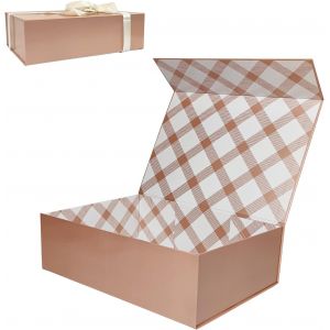 Grand Boîte Cadeau Or Rose 33x23,7x10 Cm,Boîte Cadeau Haut De Gamme Avec Couvercle Magnétique Et Ruban Pour Emballage Cadeau De Vacances,Mariage,Anniversaire,Doublure À Carreaux - Neuf