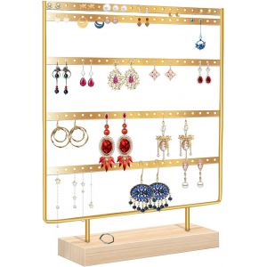 Tianyi-Porte-Bijoux, Organisateur De Boucles D'oreilles En Métal À 5 Niveaux Avec Base En Bois, Support Boucles D'oreilles Arbre À Bijoux Pour Chaînes Colliers Bracelets Suspendues (Or) - Neuf
