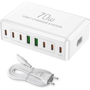 Multi Chargeur USB C Charge Rapide 70W Station de Charge USB avec Port de Multiple PD de 20W Multiprise USBC Secteur Hub Alimenté pour iPhone, Redmi Note,Google Pixel,Samsung etc [Blanc] - Neuf