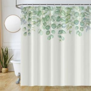 KAL-Rideau Douche Anti Moisissure, Rideau De Douche 180X200Cm Vert Sauge Feuilles D'Eucalyptus Rideaux De Baignoire Tissu Lavable Imperméable Polyester Rideaux Salle De Bain Avec 12 Crochets - Neuf