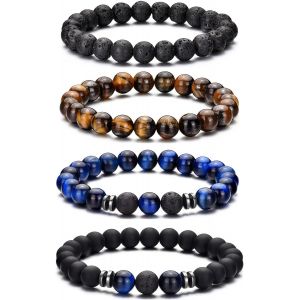 Eryi-Bracelet Oeil De Tigre Homme 8mm Bracelet Pierre Naturelle Homme Ensemble De Bracelets Réglables Et Extensibles En Pierre De Lave Pour Hommes Bracelets De Perles Cadeaux Pour Père Petit Ami - Neuf