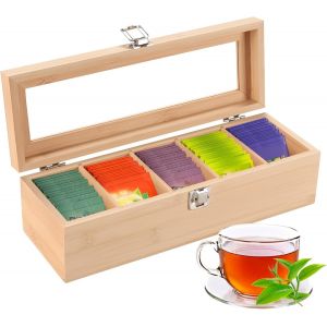 Cmws-Boîte À Thé En Bois Avec 5 Compartiments, 30 X 10 X 9 Cm Boîte À Thé Avec Couvercle Fenêtre Transparente, Rangement Pour Sachets De The, Sucre, Capsules De Café - Neuf