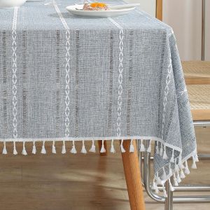 Sjzg-Nappes Boho Pour La Ferme D&eacute;cor, Nappe De Table Rectangulaires 140x200cm, Nappe Polyester Linen Touch Tress&eacute;e Et Ray&eacute;e, Table Cloth Lavable Avec Tassel Pour Cuisine Salle &Agrave; Manger (Gris) - Neuf