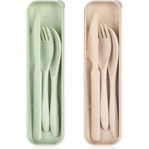 Checarzhn--No1-Ensemble D'ustensiles De Voyage Avec Étui, 2 Ensembles De Couverts En Plastique, Cuillères Réutilisables, Baguettes Et Fourchettes, Couverts Portables Pour Voyage, Piquenique, Camping Ou U - Neuf