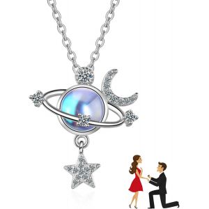 Kal-Collier Pierre De Lune Argent 925, Collier Lune Étoile Planete, Collier Planete, Avec Boîte Cadeau, Hypoallergénique Pendentif Femme Pierre De Lune, Chaîne Astéroïde, Pour Femme Et Fille - Neuf