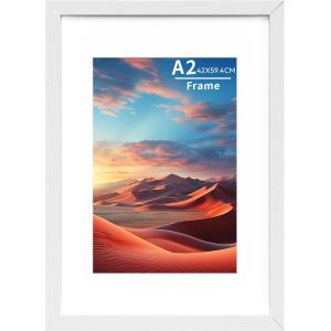CMWX-Cadre photo A2 en bois avec passe-partout A3, cadre photo A2 avec verre acrylique, cadre pour affiche A2 avec suspension murale, cadre de certificat, orientation paysage ou portrait, blanc, 1P - Neuf