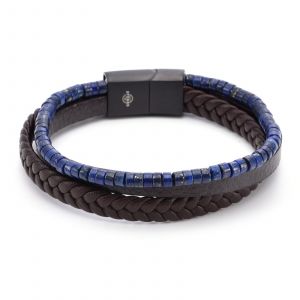 Bracelet Cuir Marron Lisse Et Tress&eacute; Avec Perle De Heishi Lapis Lazuli - Neuf