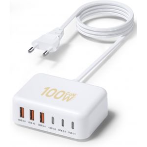 Chargeur Usb C, 100w Gan 6-Port Chargeur Rapide Avec Multiprise Usb-C 3.0 Et Usb-A 3.0 Station De Recharge Compatible Avec Iphone/Galaxy/Google/Xiaomi/Huawei/Tablette Et Autres App[Cha8223000] - Neuf