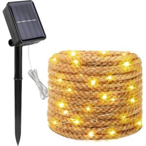 Kal-Corde De Guirlande Lumineuse Solaire Exterieure: 7m 100 Led Guirlande Solaire En Sisal 8 Modes Étanche Lampe Décoratives Pour Jardin Clôture Terrasse Balcon Anniversaire Mariage Noël, Blanc Chaud - Neuf