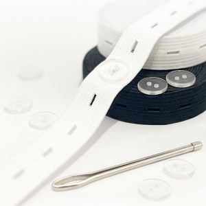 Tianyi-Elastique Couture Plat, Accessoire Au Mètre.Bande/Cordon Élastique Large Réglable Avec Boutonnière,1m En Blanc,1m En Noir,15mm De Large. Avec 4 Boutons Transparents Résistants, 1 Aiguille Pass - Neuf