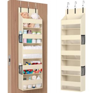 Ulteronixshop-Rangement Suspendu avec 4 Poches Lat&eacute;rales et 2 Crochets, Organisateur Porte, Capacit&eacute; 18 kg (40 lbs), &Eacute;tag&egrave;res Murales pour Chambre, Salle de Bain, 5 &Eacute;tag&egrave;res, 5 Compartiments, Beige - Neuf