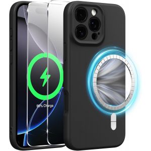 Brs-Coque Magnétique En Silicone Pour Iphone 16 Pro 6,3 Pouces Avec 2 Verre Trempé, Compatible Avec Magsafe Aimants Intégrés, Étui Housse Antichoc Anti-Rayures Case Pour Iphone 16 Pro, Noir - Neuf
