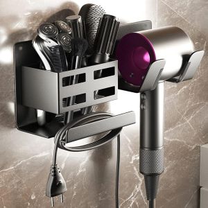 Support Seche Cheveux,Porte Seche Cheveux sans Percage avec Range-Câbles,Porte Seche Cheveux Mural pour Hôtel de Chambre à Rangement Salle de Bain,Noir - Neuf
