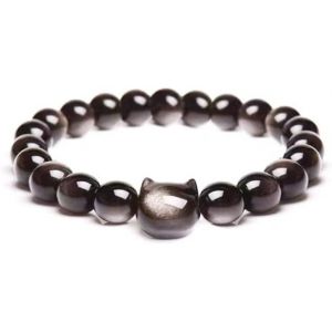 Eryi-Bracelet De Chat Pour Femmes Hommes, Bracelets D'obsidienne 8mm Bracelet Extensible Ajustable Bijoux De Chat Cadeaux Pour La Chance Et L'attraction De L'argent - Neuf
