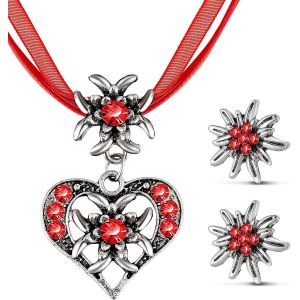 Kal-3 Pcs Set De Bijoux D'edelweiss Fantaisie Bijoux De Dirndl Bavarois Collier D'edelweiss Strass Avec Pendentif C?ur Boucles D'oreilles D'edelweiß Pour Fête De Bière Traditionnelle - Neuf